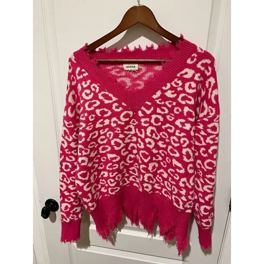 Adora Pink Animal Print Sweater with frayed bottom size M/L
